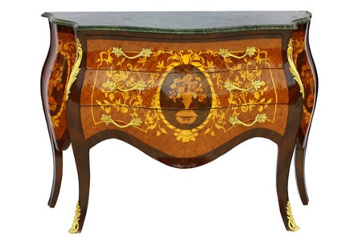 Barock Kommode mit Marmorplatte Mahagonie Braun mit goldenen Metallapplikationen 121 cm - Hotel Collection