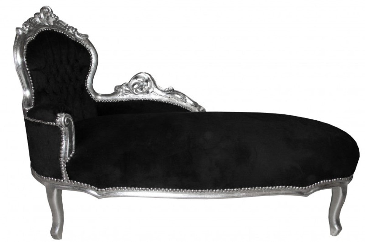 Barock Chaiselongue King Schwarz / Silber- Antik Möbel Liege Recamiere