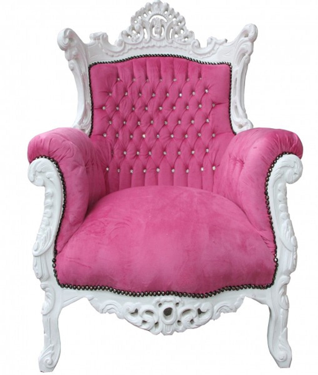 Barock Sessel Al Capone Pink/ Weiß mit Bling Bling Glitzersteinen - Antik Stil