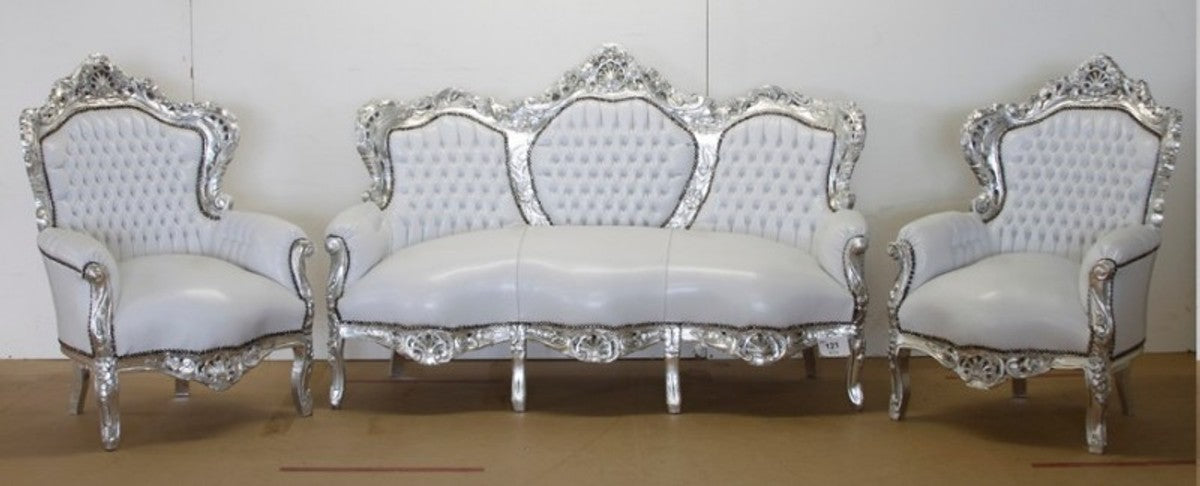 Barock Sofa Garnitur Weiß Lederoptik / Silber + 2 Sessel - Wohnzimmer Barock