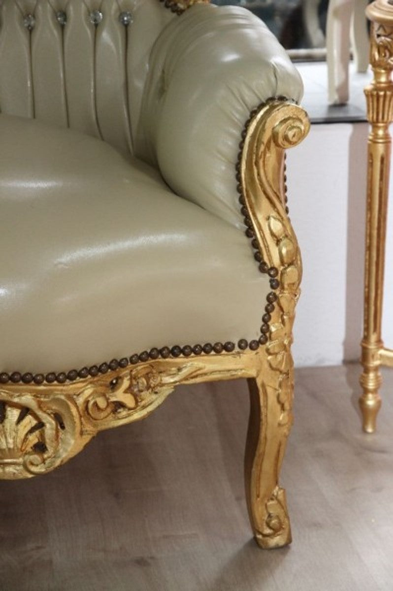 Barock Sofa Garnitur Master Creme Lederoptik / Gold mit Bling Bling Steinen