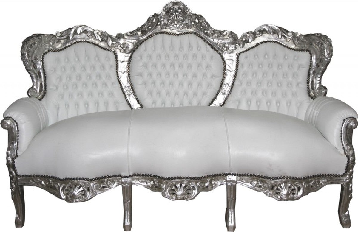 Barock Sofa King Weiß/Silber Lederoptik - Möbel Wohnzimmer