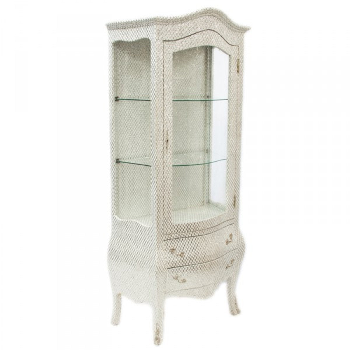 Barock Vitrine in Weiß/Glitzerlook- Vitrinenschrank - Wohnzimmerschrank