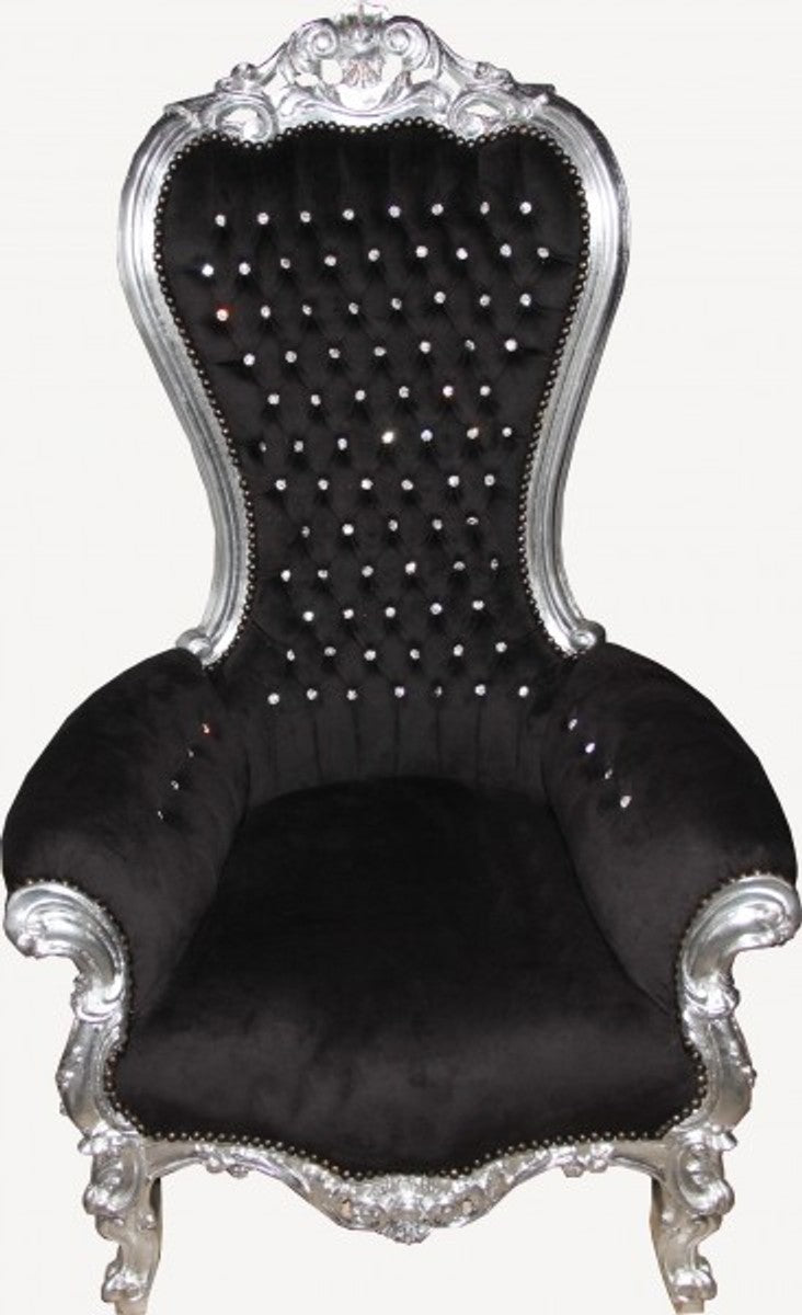 Barock Thron Sessel Majestic Medium Schwarz/Silber mit Bling Bling Glitzersteinen - Riesensessel - Thron Stuhl Tron