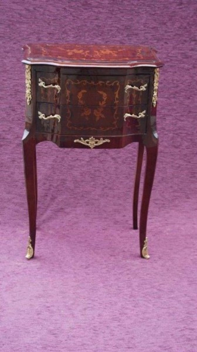 Barock Kommode mit 2 Schubladen Braun Intarsien H 79 cm, B 52 cm - Modell Mahagoni - Nachttisch Konsole