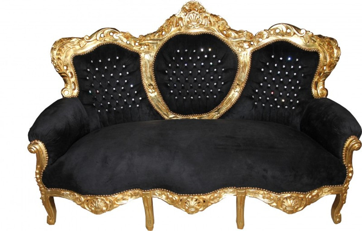 Barock Sofa King Schwarz/Gold mit Bling Bling Glitzersteinen