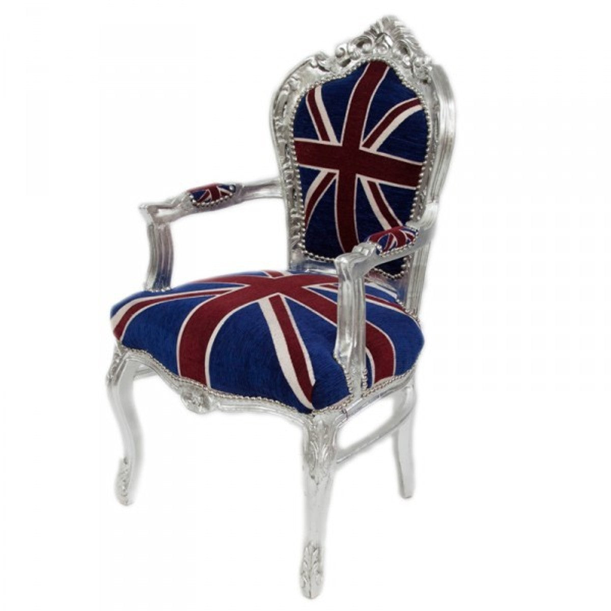 Barock Esszimmer Stuhl mit Armlehnen Union Jack / Silber - Antik Stil