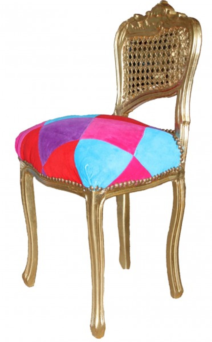 Barock Damen Stuhl Mod2 Karo Bunt / Gold - Schminkstuhl
