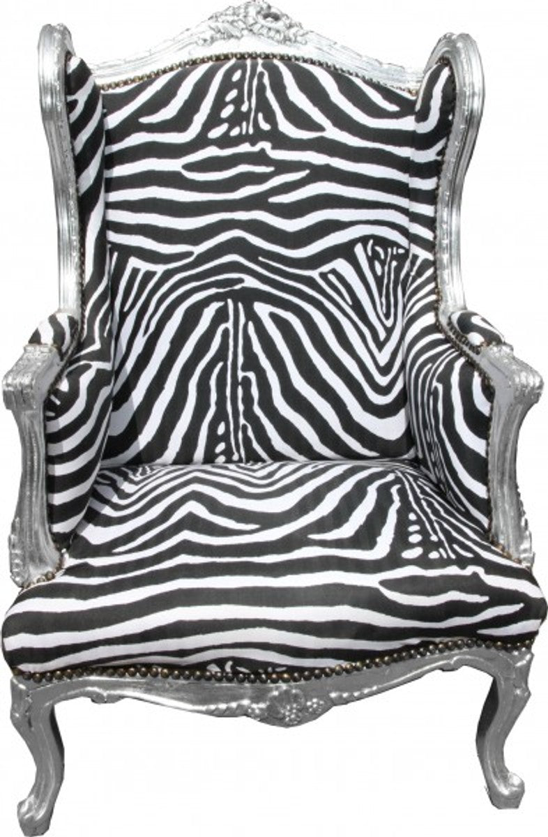 Barock Lounge Thron Sessel Zebra / Silber - Ohren Sessel - Ohrensessel Tron Stuhl