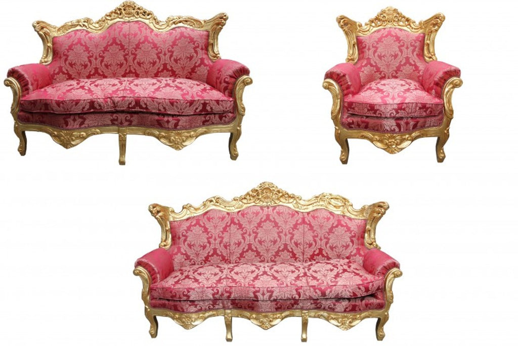 Barock Wohnzimmer Set Bordeaux Muster/Gold - 3er Sofa+2er Sofa + 1 Sessel