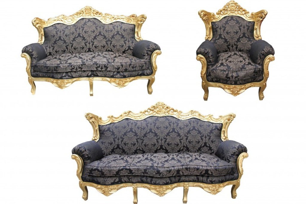 Barock Wohnzimmer Set Schwarz Muster/ Gold - 3er Sofa+2er Sofa + 1 Sessel