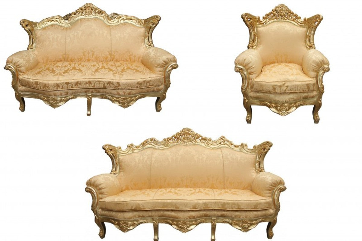 Barock Wohnzimmer Set Gold Blumen Muster/ Gold - 3er Sofa+2er Sofa + 1 Sessel