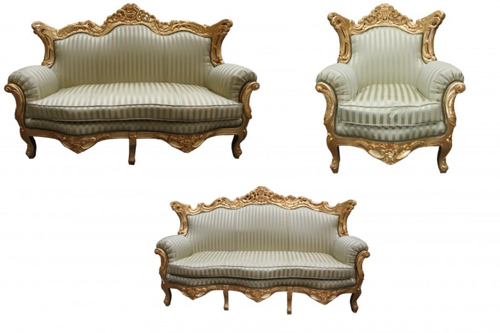 Barock Wohnzimmer Set Jadegrün/ Gold - 3er Sofa+2er Sofa + 1 Sessel