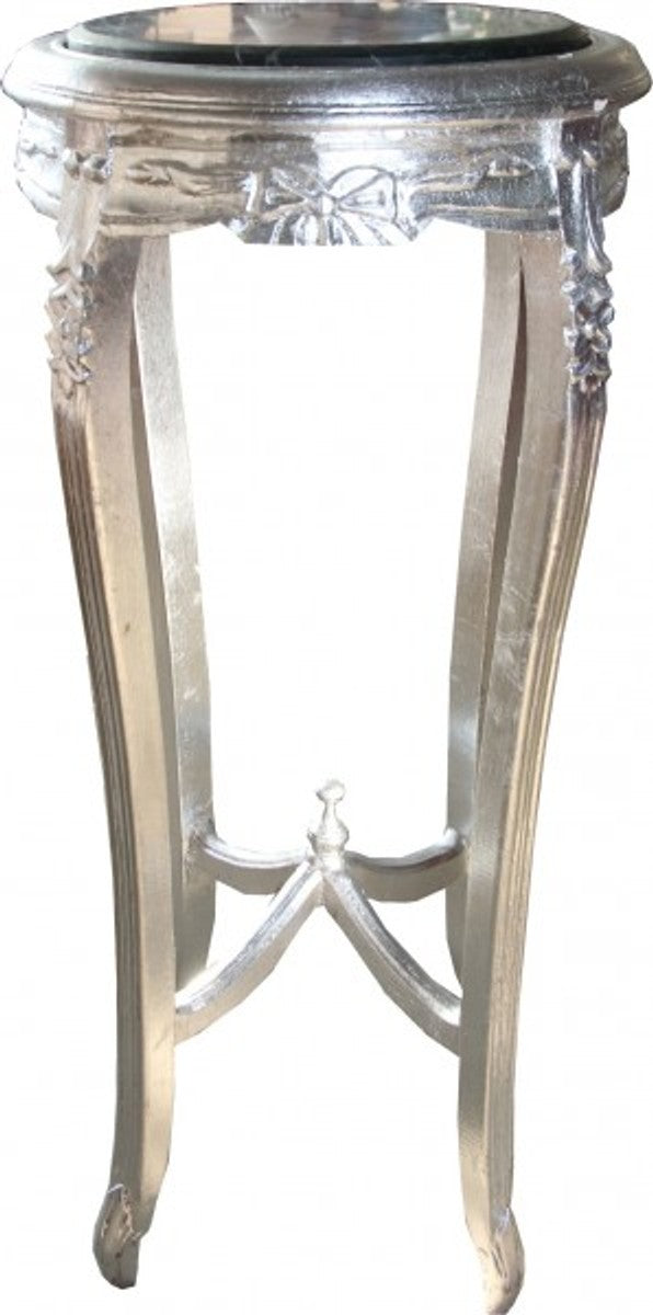 Barock Beistelltisch mit Marmorplatte Rund Silber 91 x 46 cm Antik Stil - Telefon Blumen Tisch
