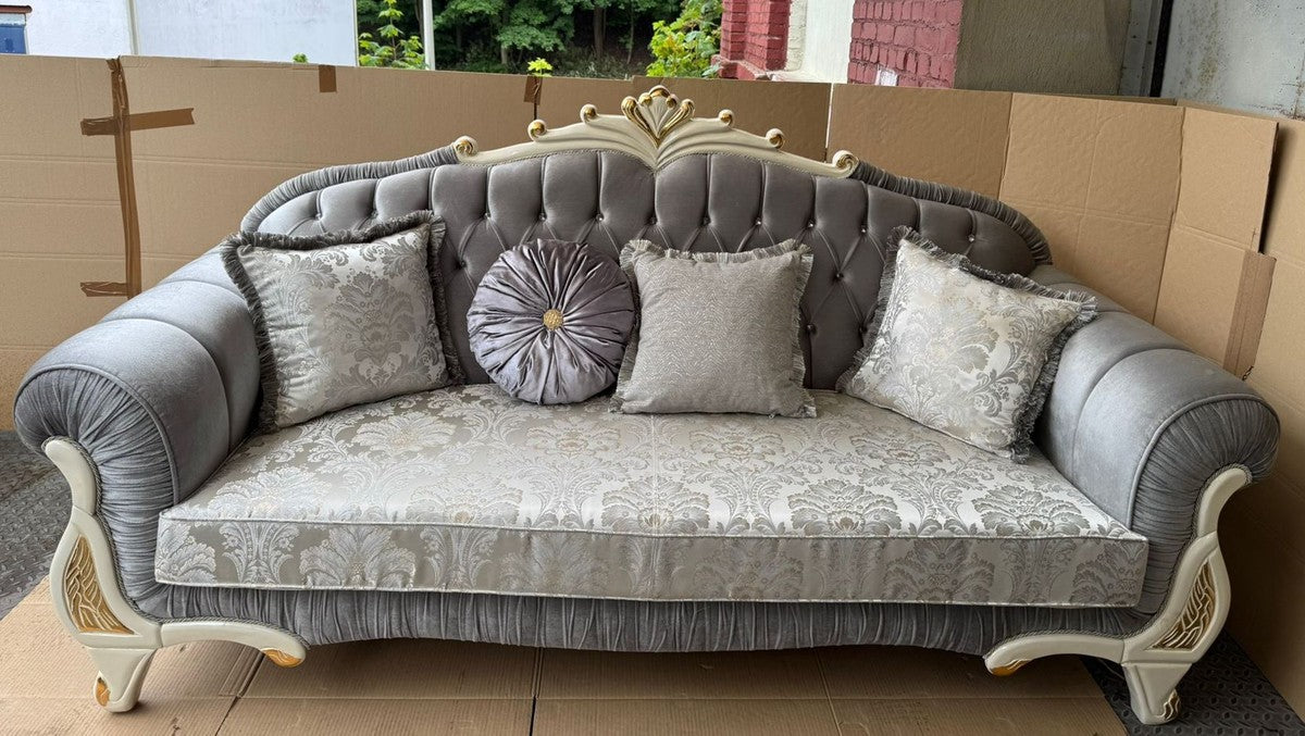 Luxus Barock Sofa Grau / Creme / Gold 225 cm - Barock Möbel