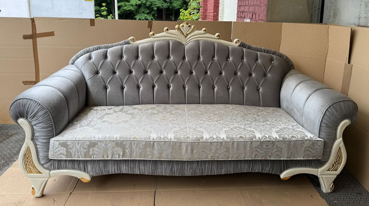 Luxus Barock Sofa Grau / Creme / Gold 225 cm - Barock Möbel