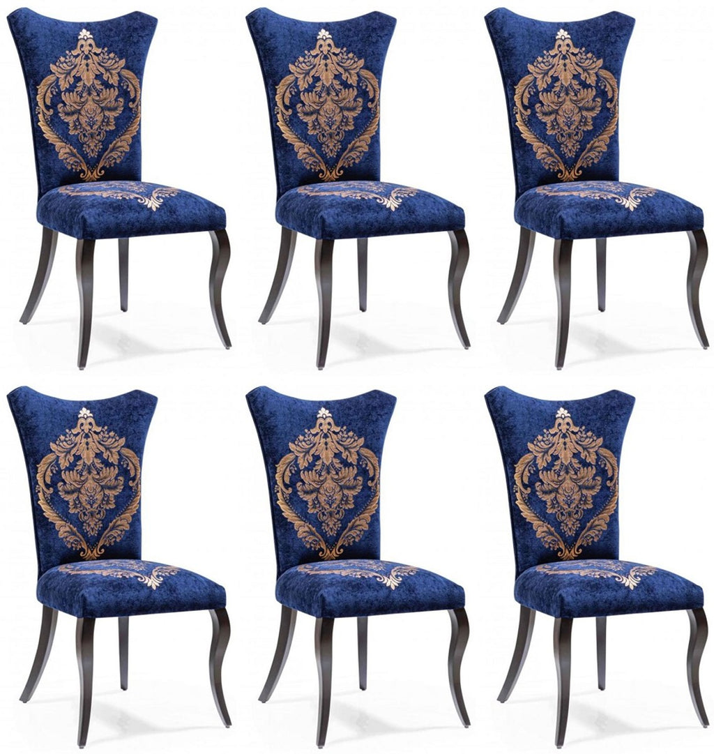 Barock Esszimmer Stuhl Set Royalblau / Gold / Schwarz 50 x 47 x H. 105 cm - Küchen Stühle 6er Set - Barock Esszimmer Möbel