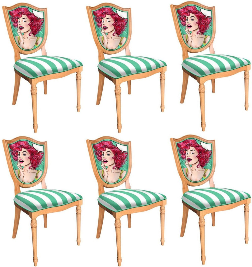 Art Deco Esszimmerstuhl Set Grün / Weiß / Mehrfarbig / Naturfarben - 6 Handgefertigte Art Deco Küchen Stühle mit Design und Streifen - Art Deco Esszimmer Möbel