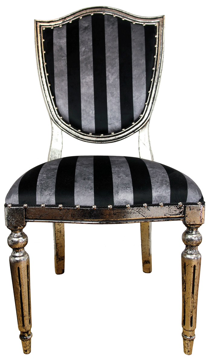 Art Deco Luxus Esszimmer Stuhl Schwarz Silber Streifen / Antik Stil Silber 52,5 x 59 x H. 104 cm - Luxus Hotel Möbel