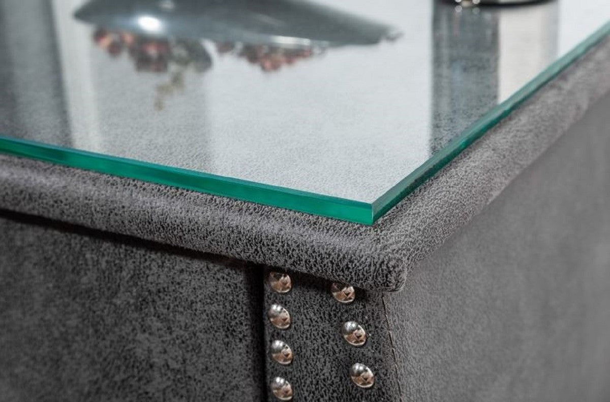 Art Deco Nachttisch mit Schublade und Glasplatte Antik Grau / Silber 47 x 41 x H. 45 cm - Schlafzimmermöbel