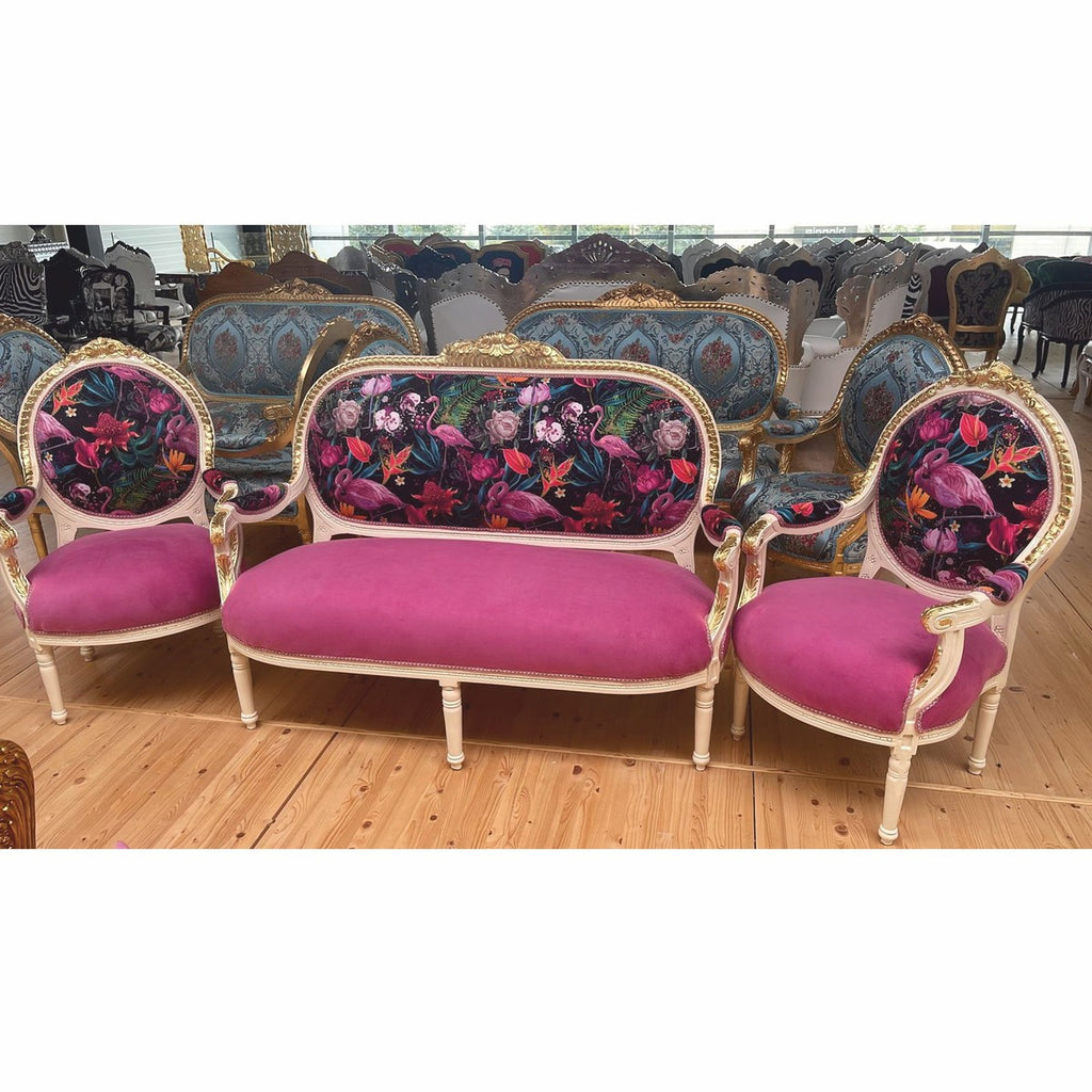 Barock 2er Sofa Pink / Bunt / Weiß / Gold 150 cm - Barock Möbel