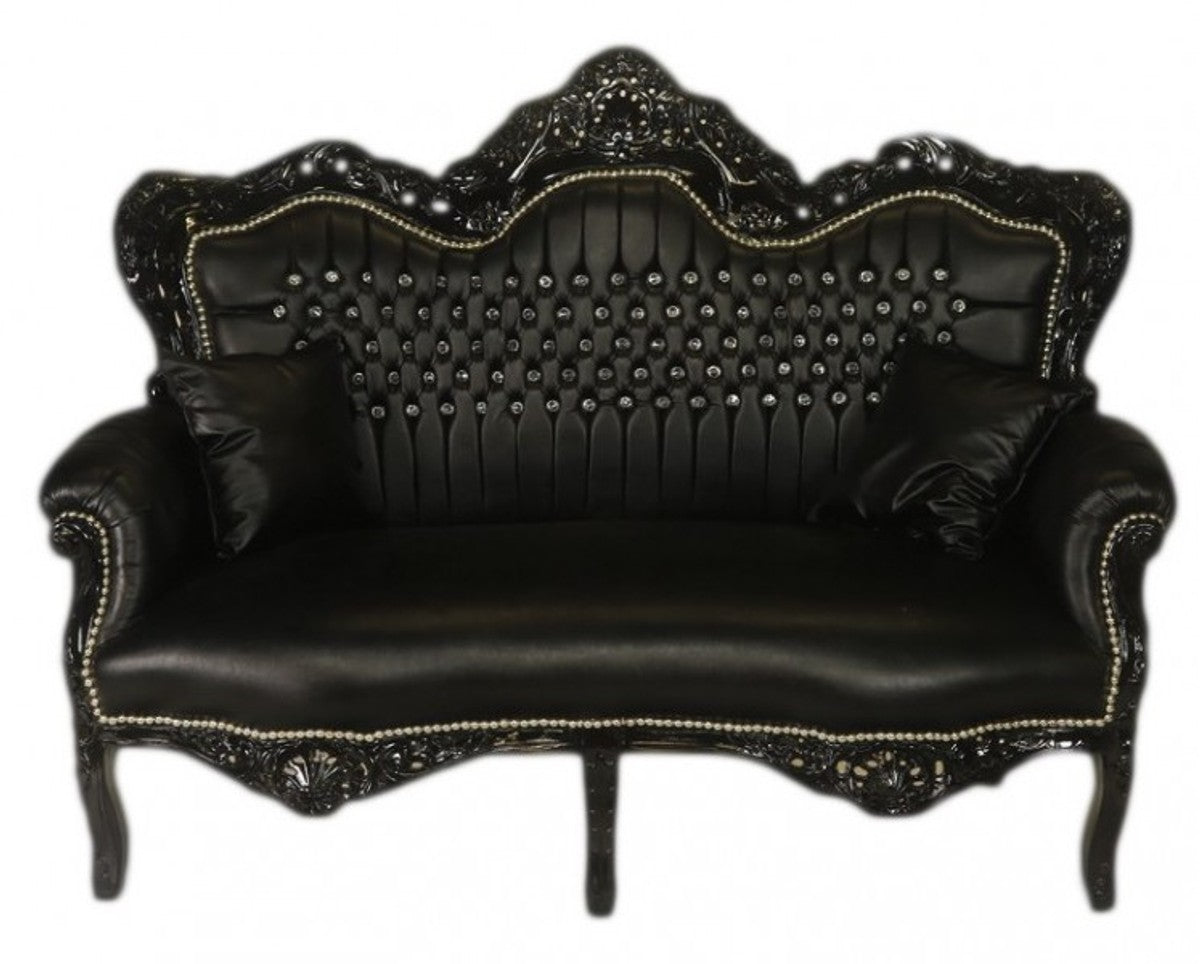 Barock 2er Sofa Master Schwarz Lederoptik / Schwarz mit Bling Bling Glitzersteinen - Wohnzimmer Couch Möbel Lounge