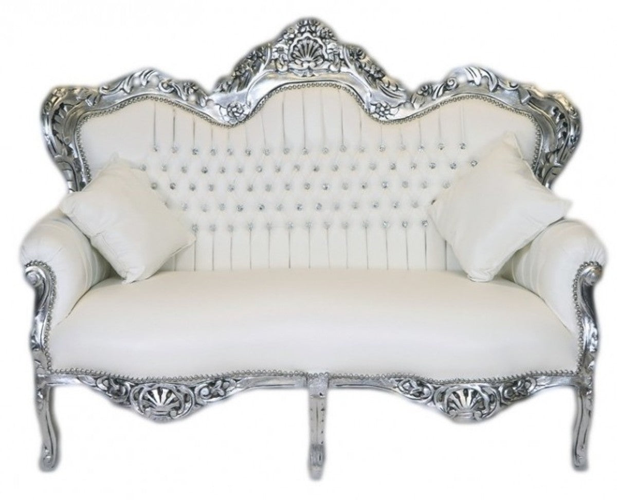 Barock 2er Sofa Master Weiß Lederoptik / Silber - Wohnzimmer Couch Möbel Lounge