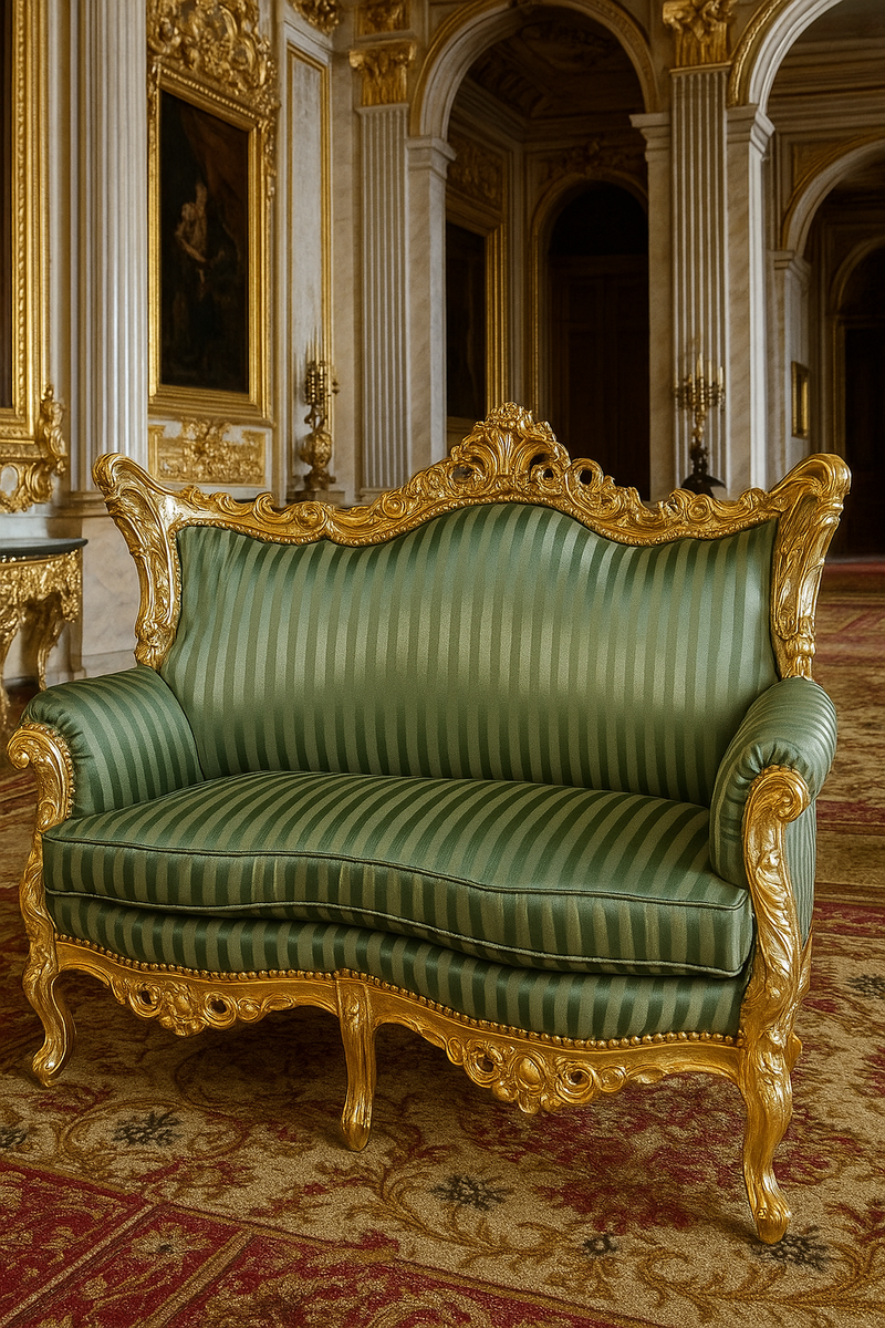 Barock 2er Sofa mit Streifen Grün / Gold - Gestreiftes Wohnzimmer Sofa im Barockstil - Barock Wohnzimmer Möbel - Edel & Prunkvoll