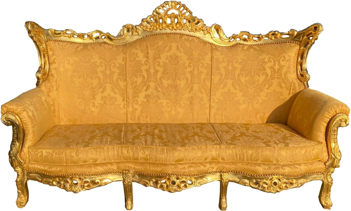 Barock 3er Sofa Gold Bouquet Muster / Gold - Wohnzimmer Möbel Couch Lounge - Antik Stil