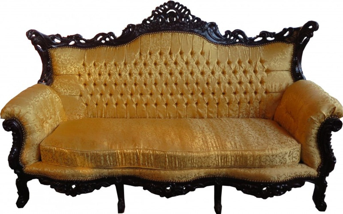 Barock 3er Sofa Gold Muster / Mahagoni Braun - Wohnzimmer Möbel Couch Lounge