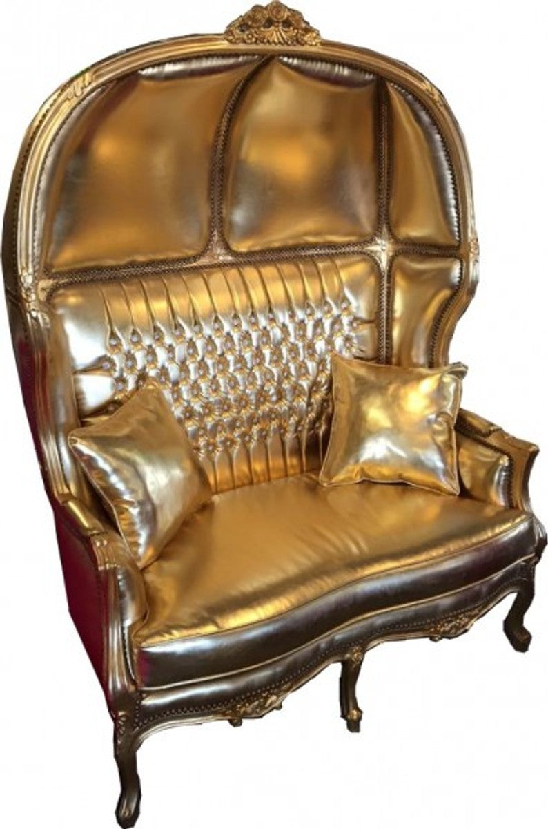 Barock 2er Ballon Sofa Gold Lederoptik / Gold mit Bling Bling Glitzersteinen - Wohnzimmer Couch Möbel Lounge Hochzeit