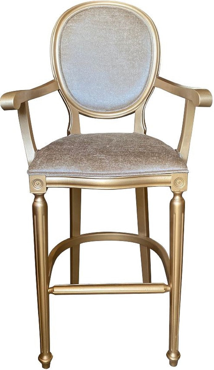 Barock Barstuhl mit Armlehnen Gold / Gold - Massivholz Antik Stil Barhocker mit Samtstoff - Handgefertigte Barock Barmöbel
