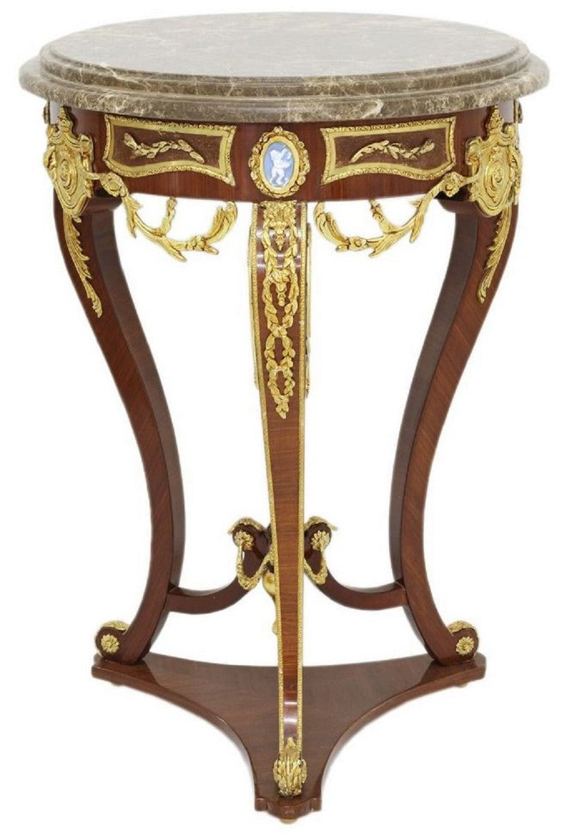 Barock Beistelltisch Braun / Gold / Grau Ø 55 x H. 78 cm - Runder Massivholz Tisch im Barockstil - Barock Wohnzimmer Möbel