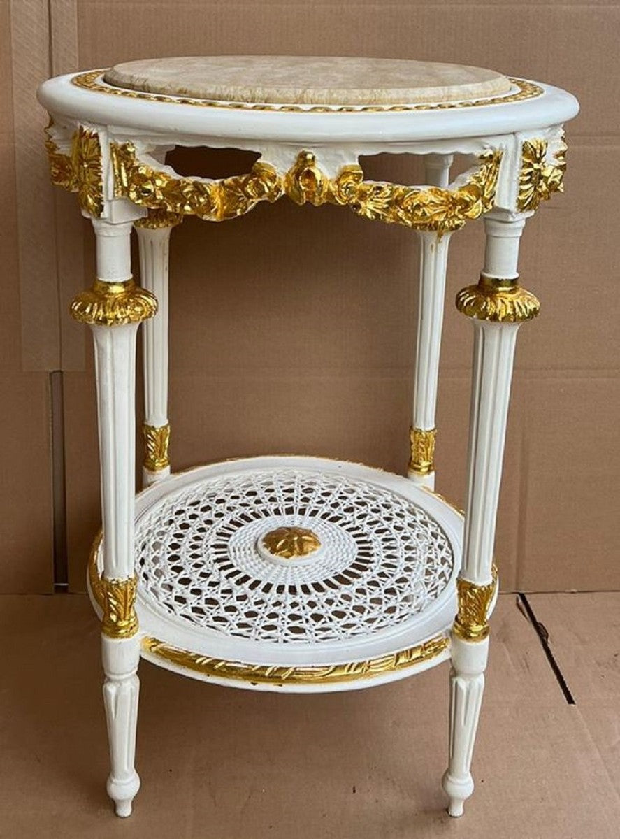 Barock Beistelltisch Weiß / Gold / Creme - Runder Antik Stil Tisch mit Marmorplatte - Barockstil Wohnzimmer Möbel im Barockstil - Barock Möbel
