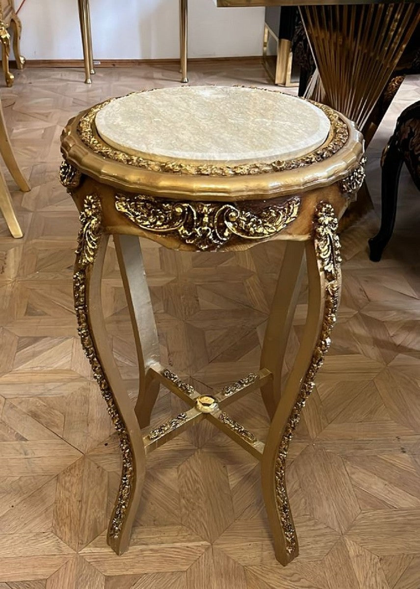Barock Beistelltisch mit Marmorplatte Gold / Creme H. 73 cm