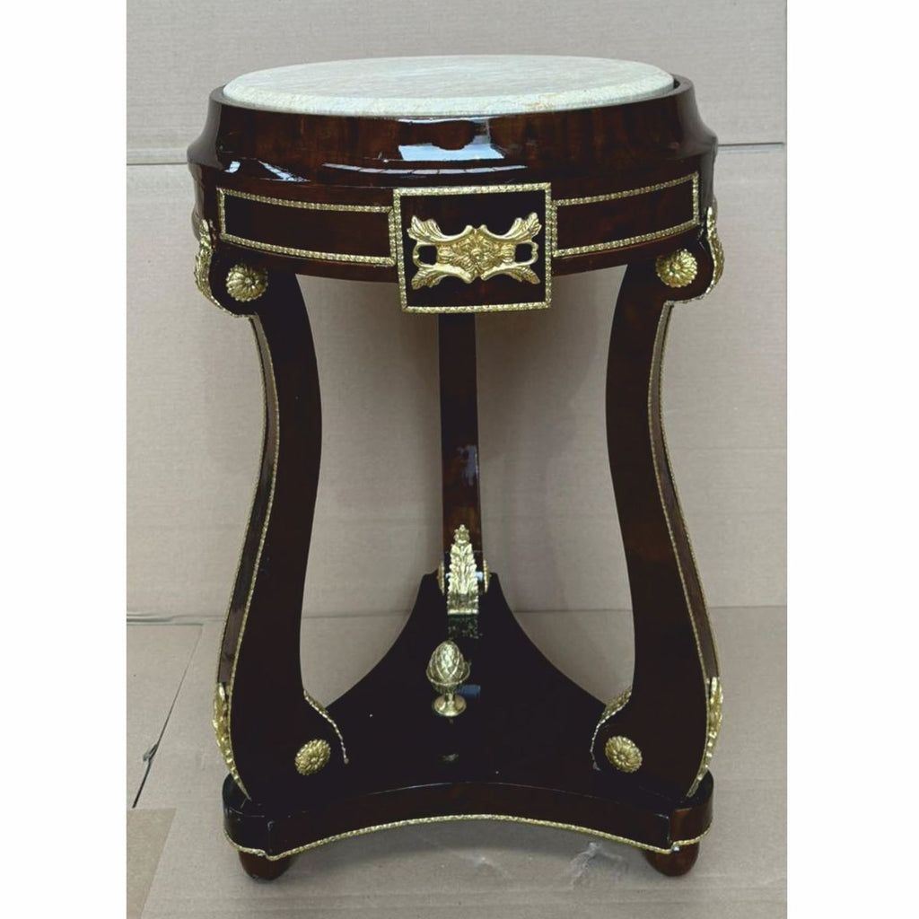 Barock Beistelltisch mit Marmorplatte Dunkelbraun / Gold / Grau H. 73 cm