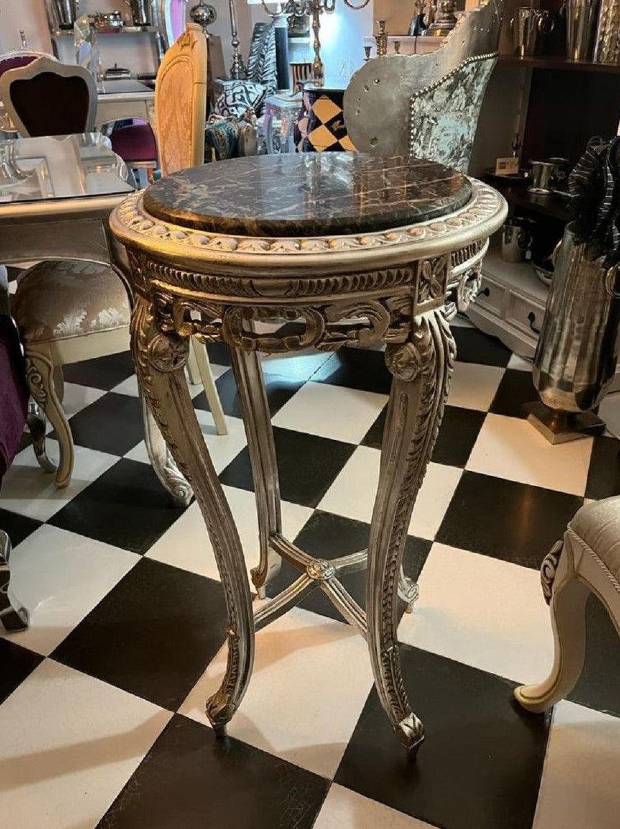 Barock Beistelltisch Silber / Schwarz - Runder Massivholz Tisch mit Marmorplatte im Barockstil - Wohnzimmer Möbel im Barockstil - Barock Möbel