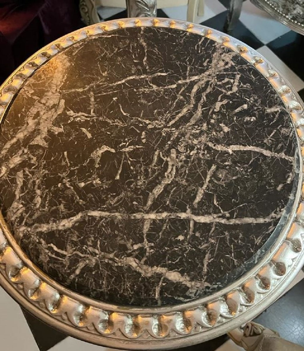 Barock Beistelltisch Silber / Schwarz - Runder Massivholz Tisch mit Marmorplatte im Barockstil - Wohnzimmer Möbel im Barockstil - Barock Möbel