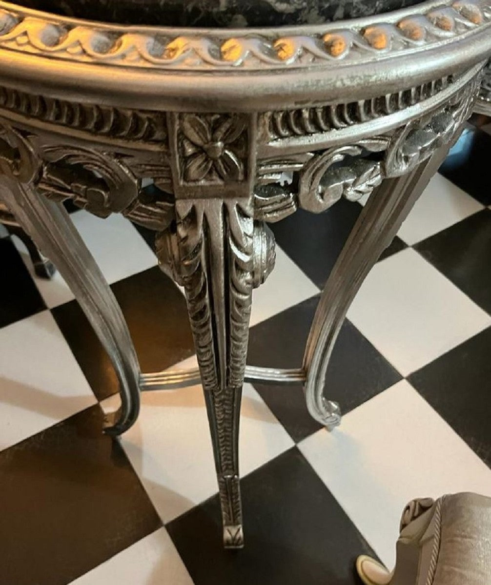 Barock Beistelltisch Silber / Schwarz - Runder Massivholz Tisch mit Marmorplatte im Barockstil - Wohnzimmer Möbel im Barockstil - Barock Möbel