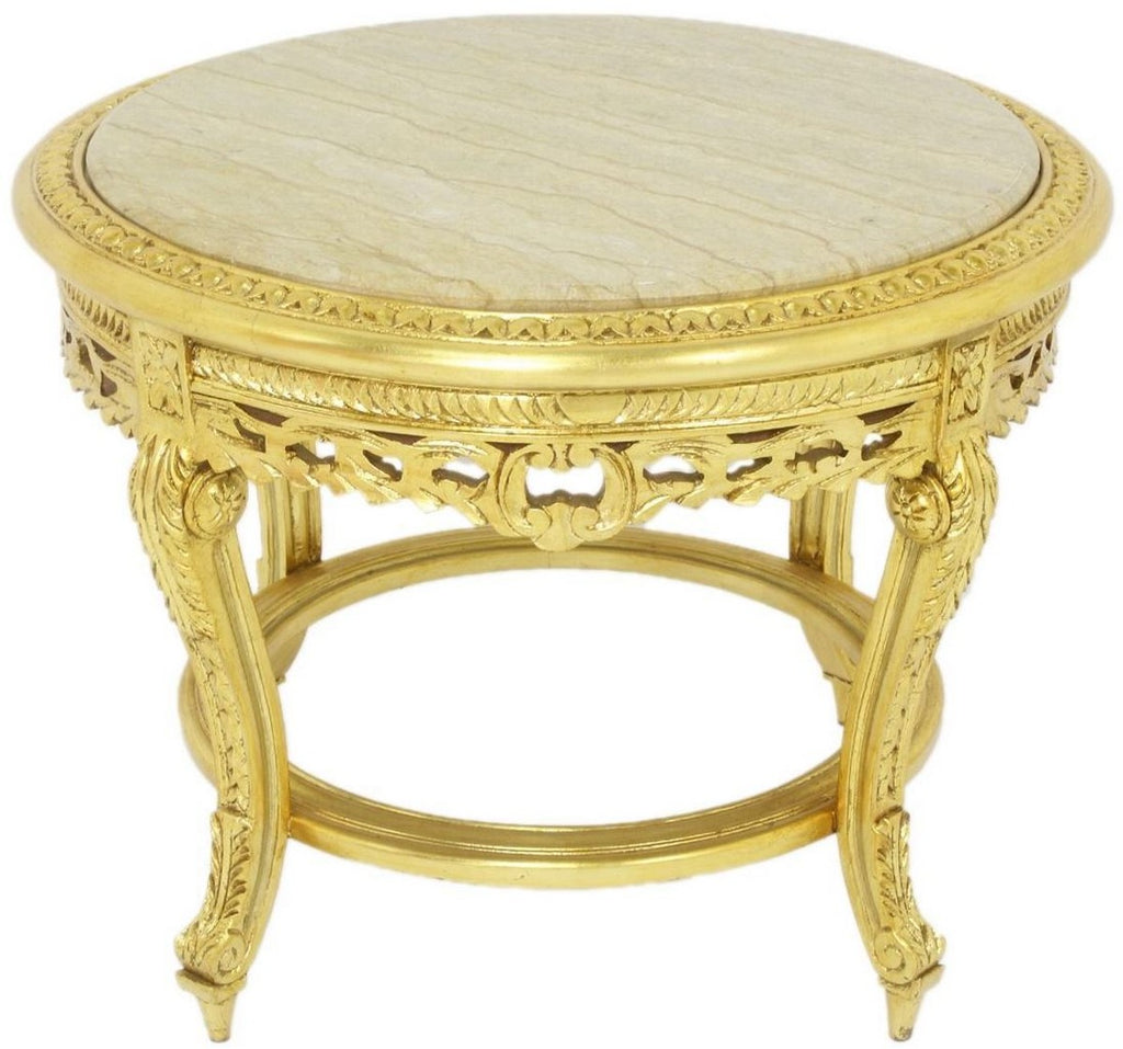 Barock Couchtisch mit Marmorplatte Gold / Creme Ø 70 x H. 45 cm - Runder Antik Stil Wohnzimmertisch - Barock Wohnzimmer Möbel