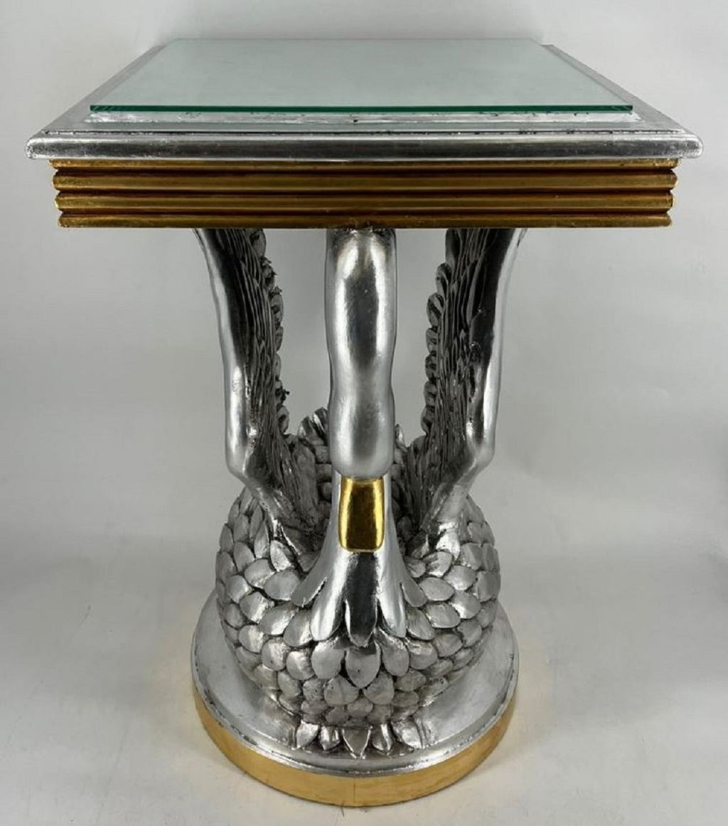 Barock Beistelltisch Schwan mit Glasplatte Silber / Gold H. 78 cm - Barock Möbel
