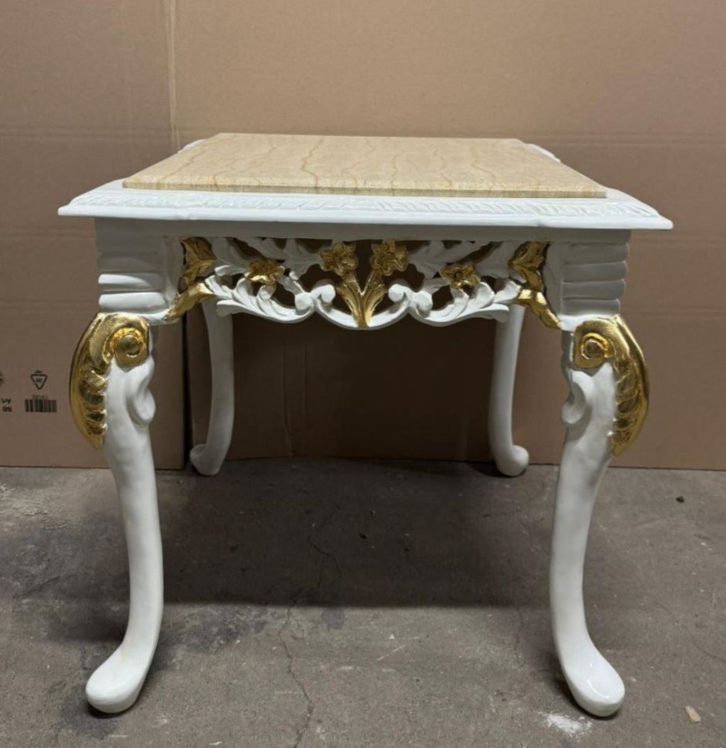 Barock Beistelltisch mit Marmorplatte Weiß / Gold / Beige 60 cm