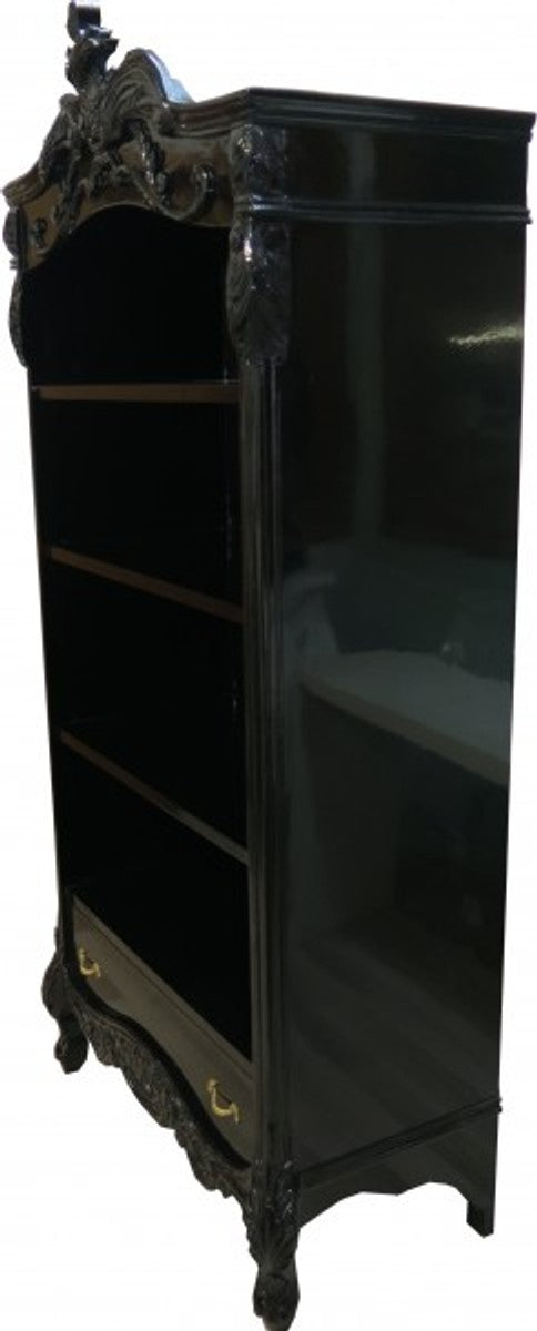 Barock Bücherschrank Schwarz / Gold Hochglanz B 85 x H 190 cm Bücherregal Regal Schrank