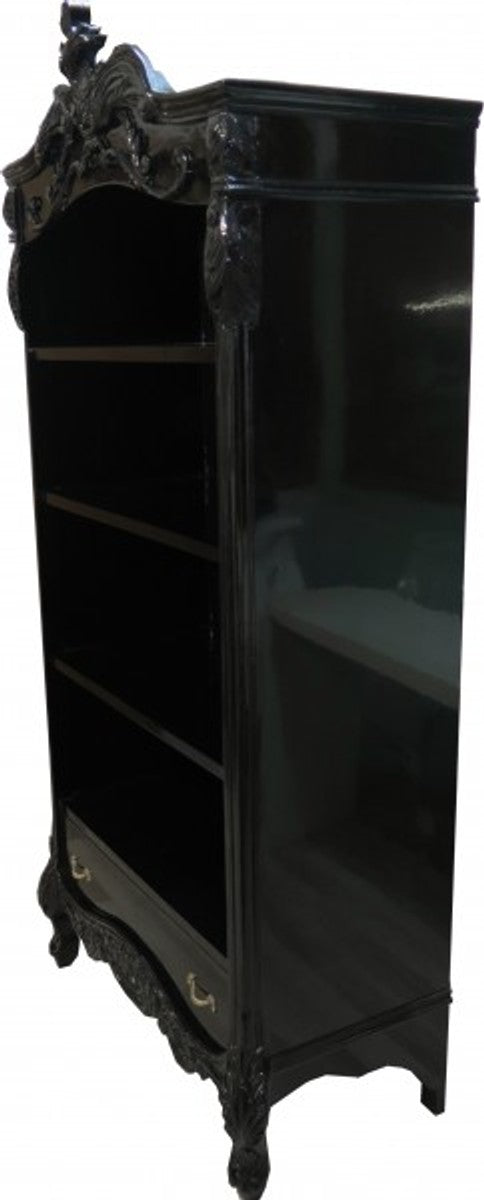 Barock Bücherschrank Schwarz / Silber Hochglanz B 85 x H 190 cm Bücherregal Regal Schrank