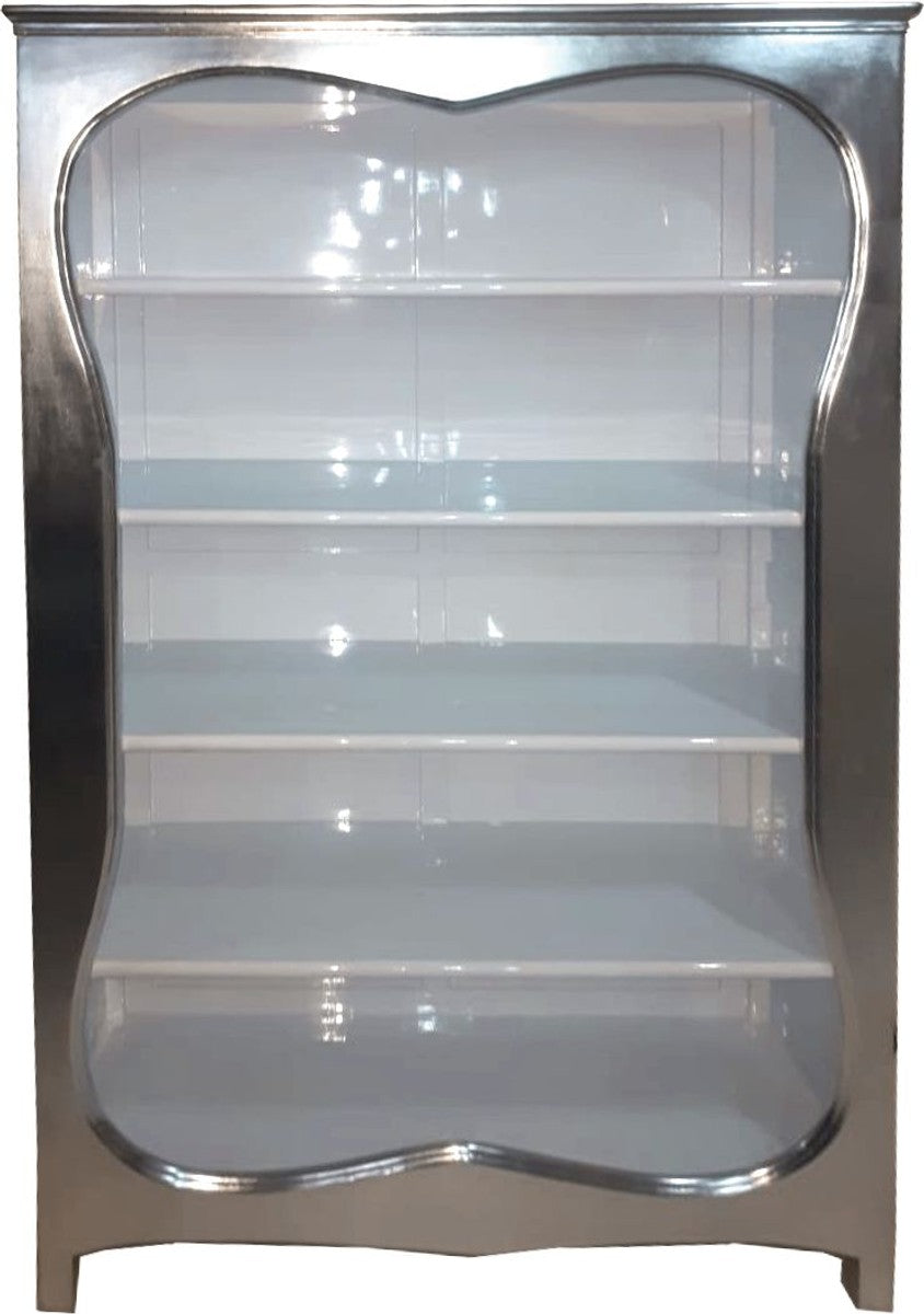 Barock Bücherschrank Weiss / Silber 120 x H 185 cm Bücherregal Regal Schrank