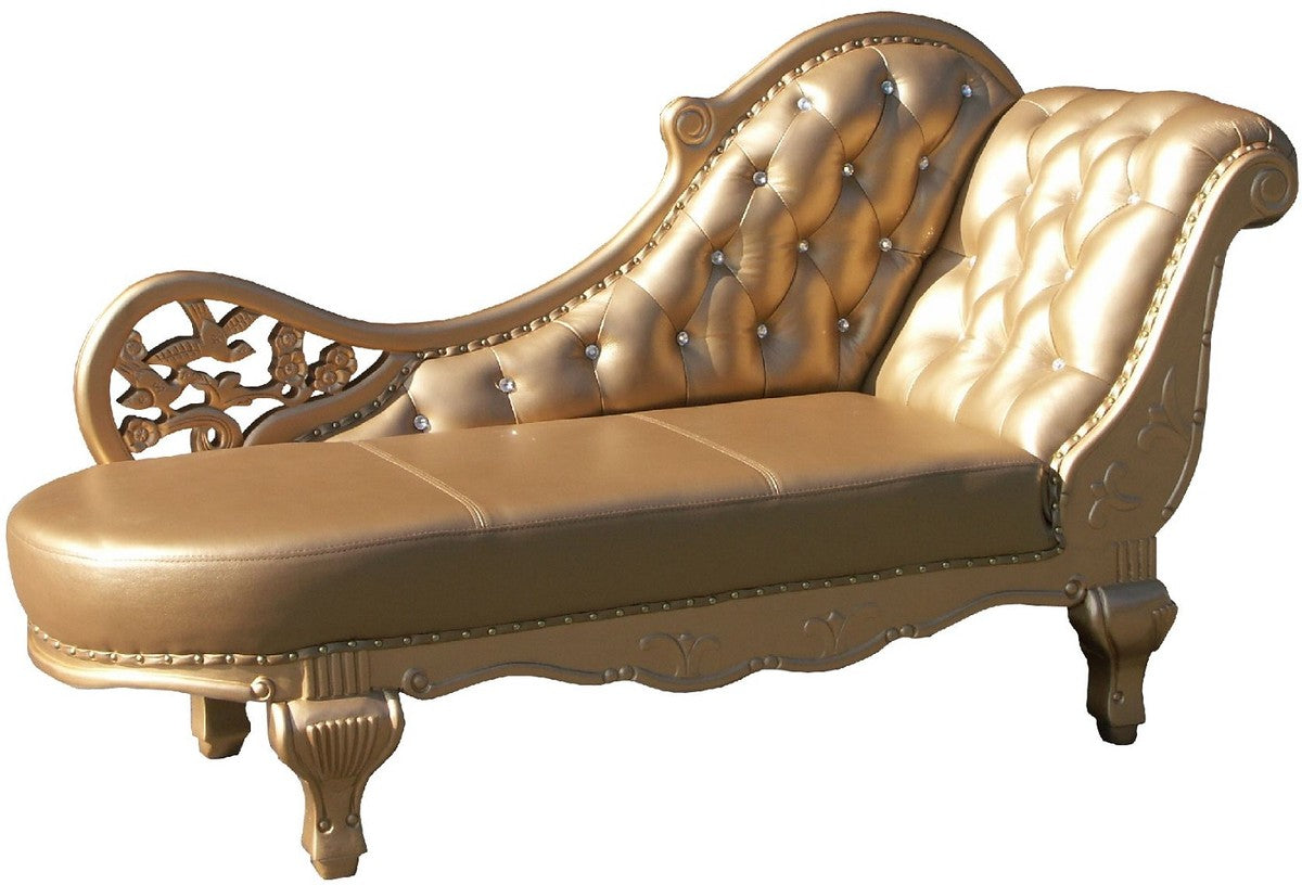 Barock Leder Chaiselongue Gold 170 x 65 x H. 90 cm - Massivholz Recamiere mit Echtleder und Glitzersteinen - Barock Möbel
