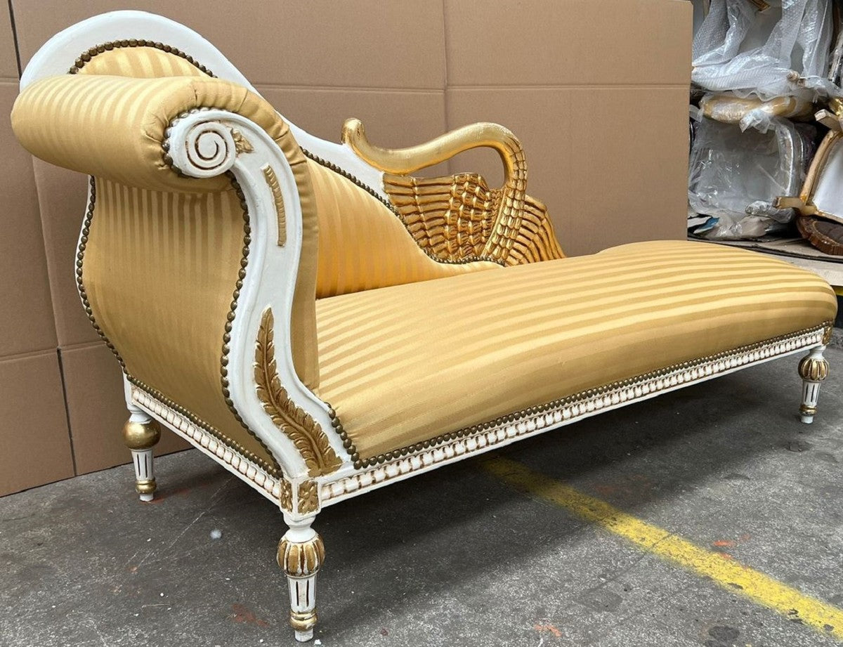 Barock Chaiselongue Linke Seite Gold / Weiß / Gold - Handgefertigte Massivholz Recamiere mit Streifen - Barock Wohnzimmer Möbel - Edel & Prunkvoll