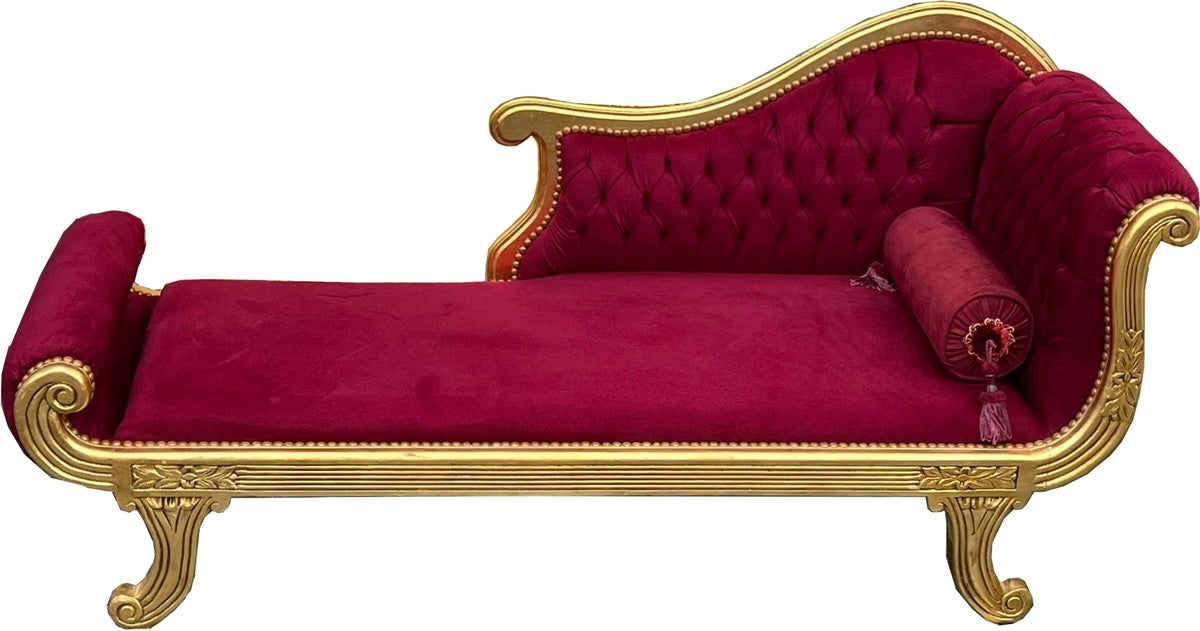 Barock Chaiselongue Modell XXL Bordeaux Rot / Gold - Antik Stil - Liege Wohnzimmer Möbel
