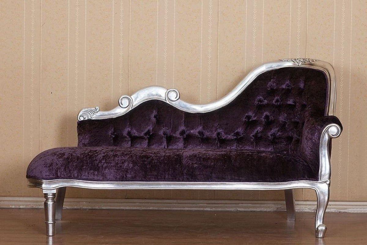 Barock Chaiselongue Lila / Silber 150 x 78 x H. 90 cm - Mahagoni Chaiselongue mit edlem Samtstoff - Barock Möbel