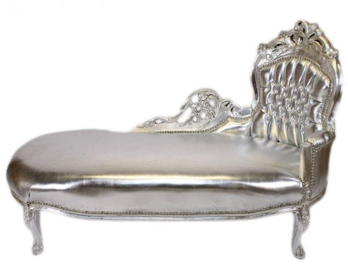 Barock Chaiselongue Silber Lederoptik / Silber - Recamiere Liege Möbel